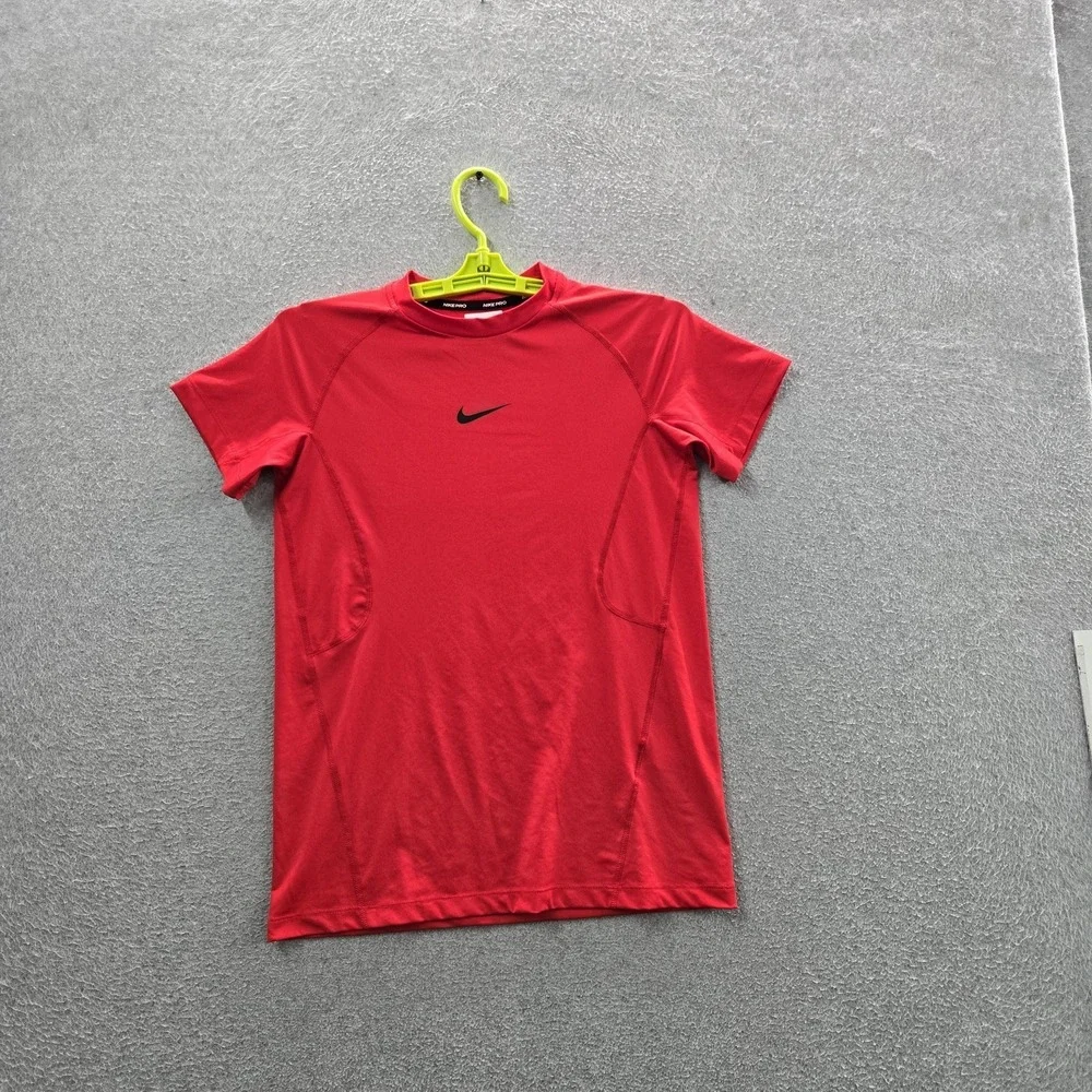 Nike Boy Shirt L Red Dri-Fit Nike Pro Center Swoosh Logo Slim Short Sleeve